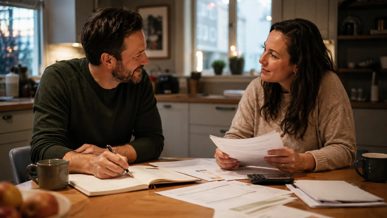 Couple reviewing their budget together at a kitchen table, looking relieved and optimistic