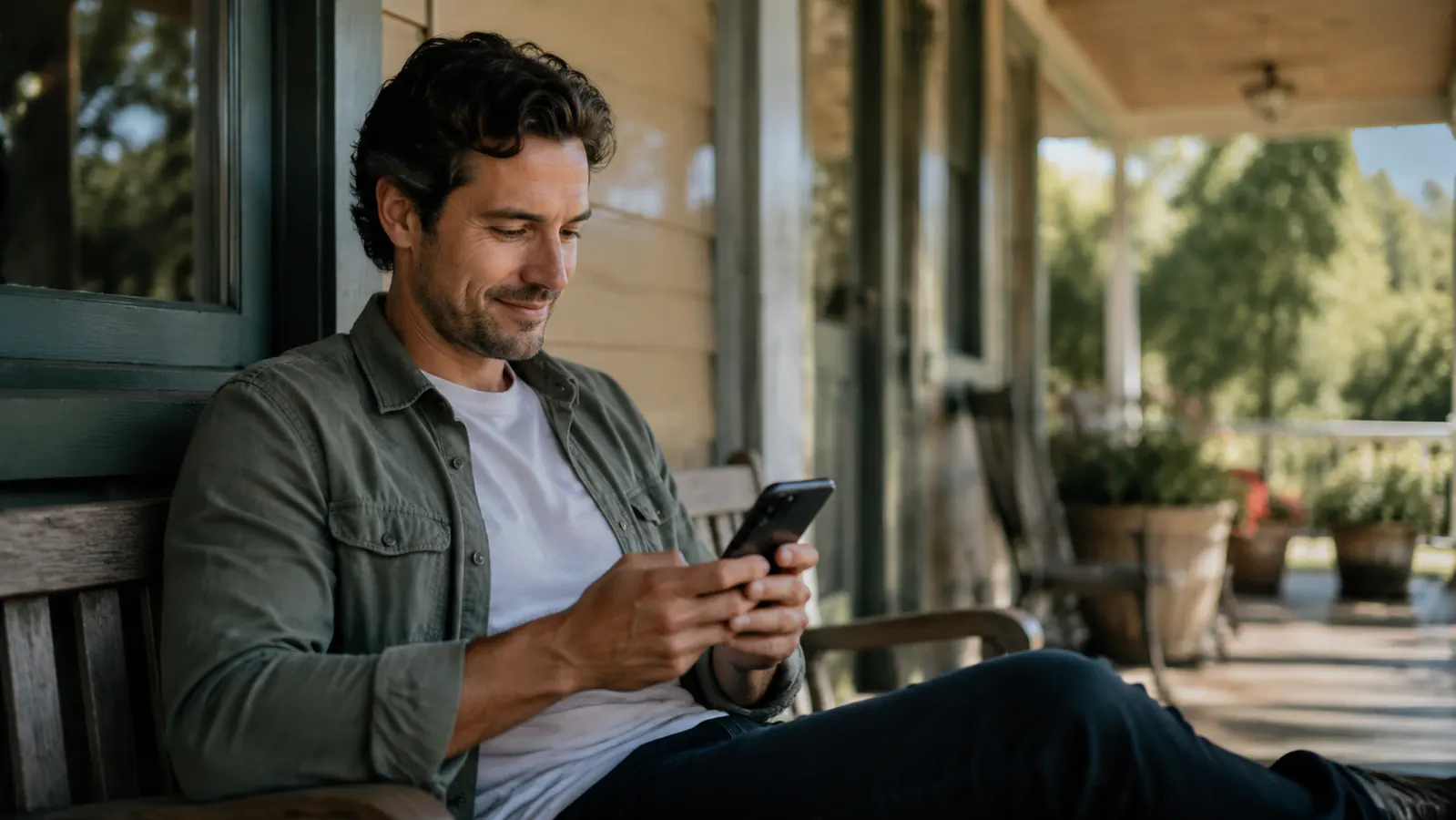 Person checking a simple investment account on a phone while sitting outdoors, relaxed expression