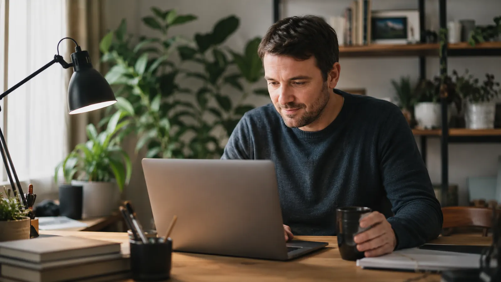Person smiling and filing taxes on a laptop at home, relaxed setting, coffee mug nearby
