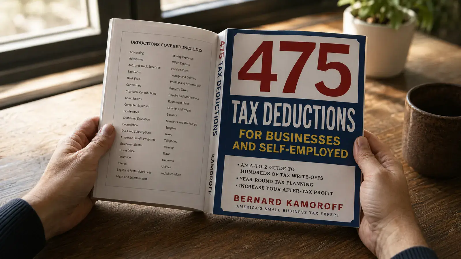 Hands holding the 475 Tax Deductions book open to a page of deduction categories