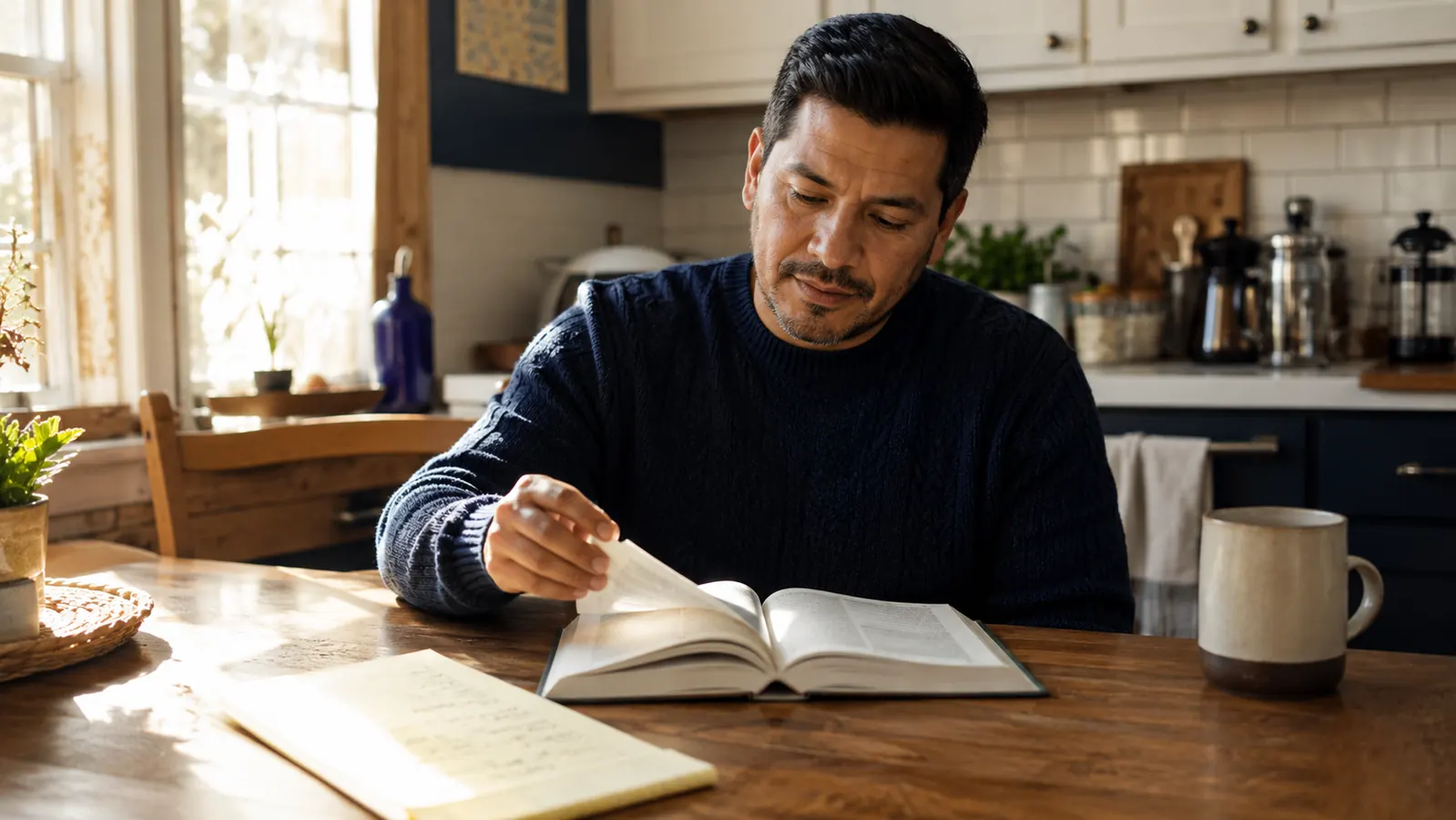 A person sitting at a kitchen table with a budgeting book and coffee, sorting through bills in warm morning light