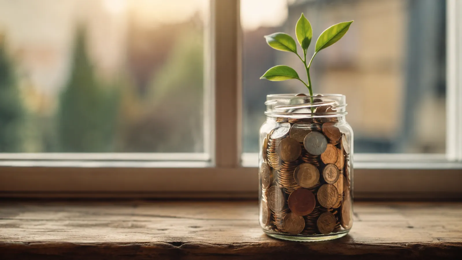A small seedling growing in a glass jar of coins on a windowsill, soft morning light, representing patient long-term wealth growth