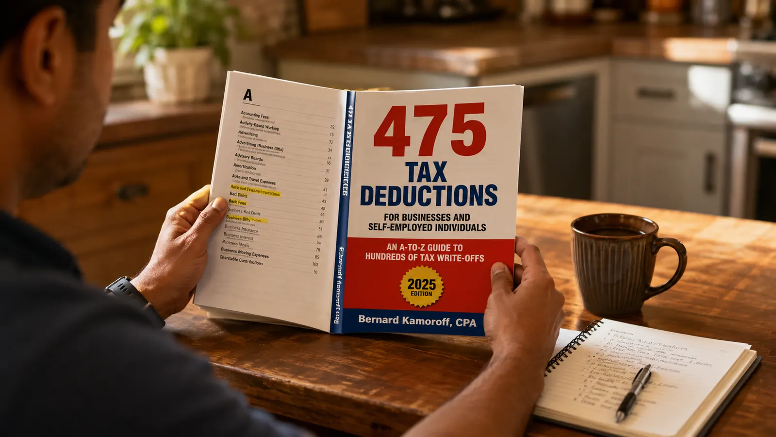 Hand holding the 475 Tax Deductions book open to a page with highlighted entries