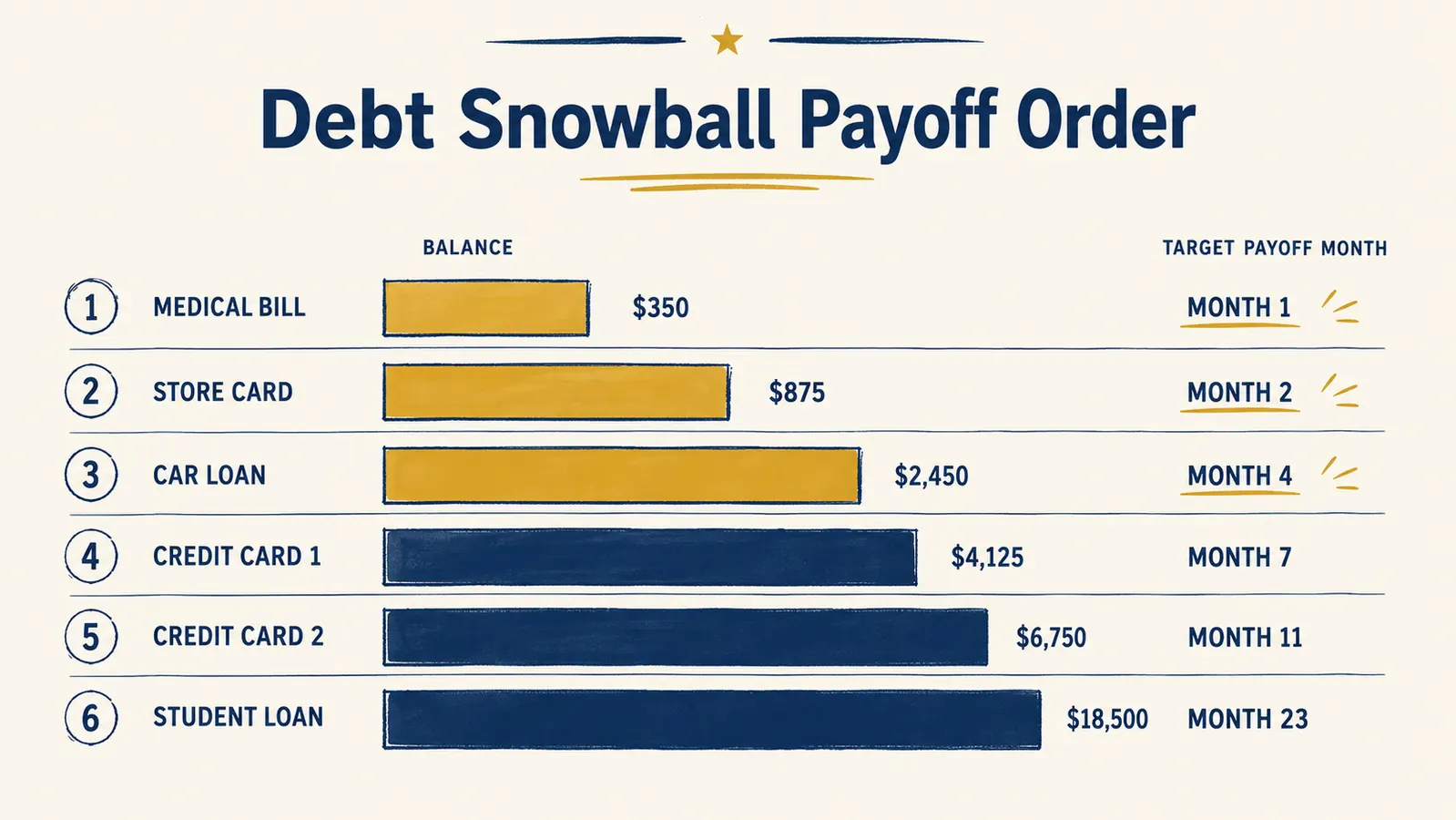 Simple debt snowball chart showing six debts listed smallest to largest with payoff dates marked