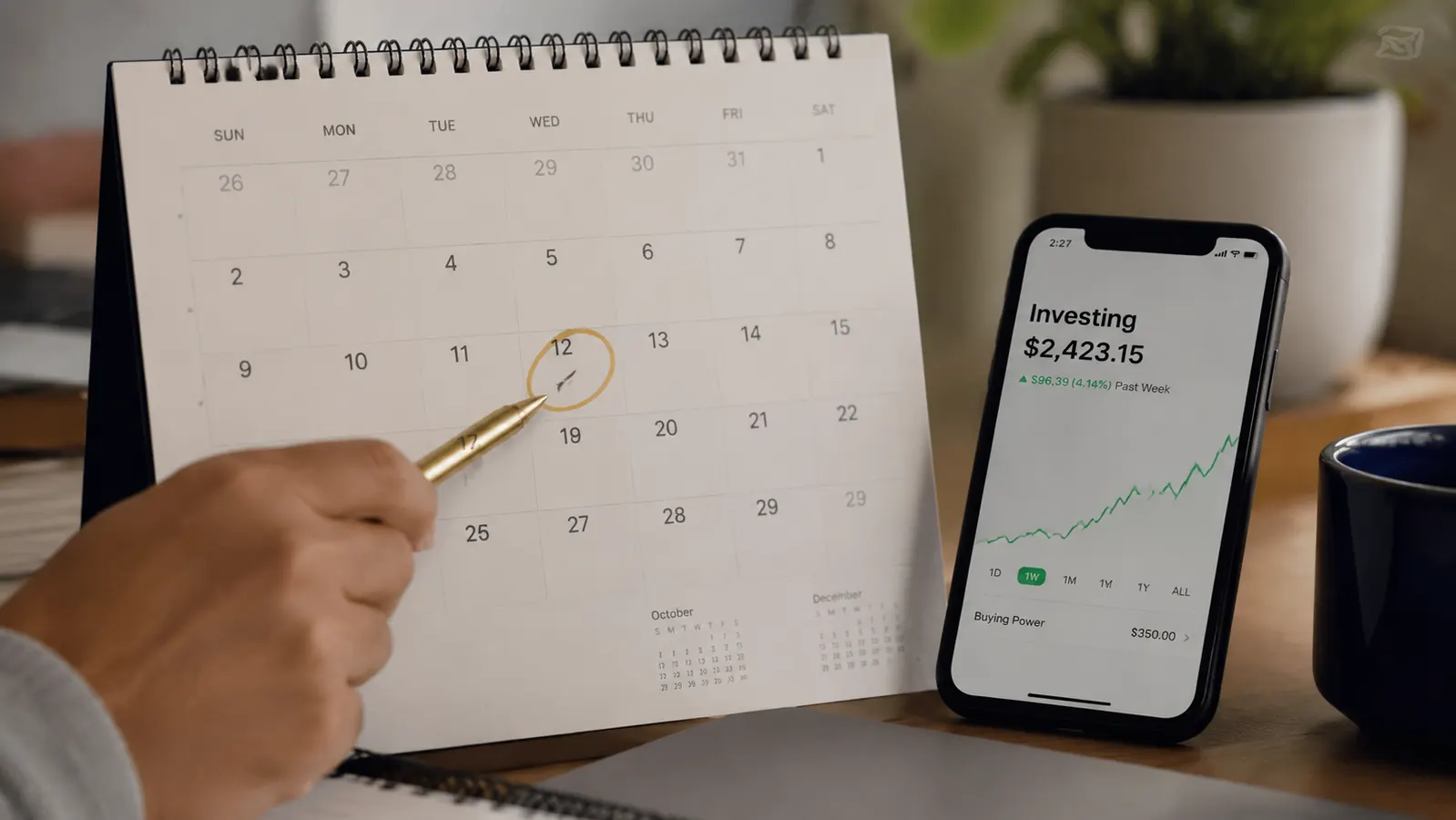 Calendar showing automatic monthly contribution dates circled, placed next to a phone with a investing app open