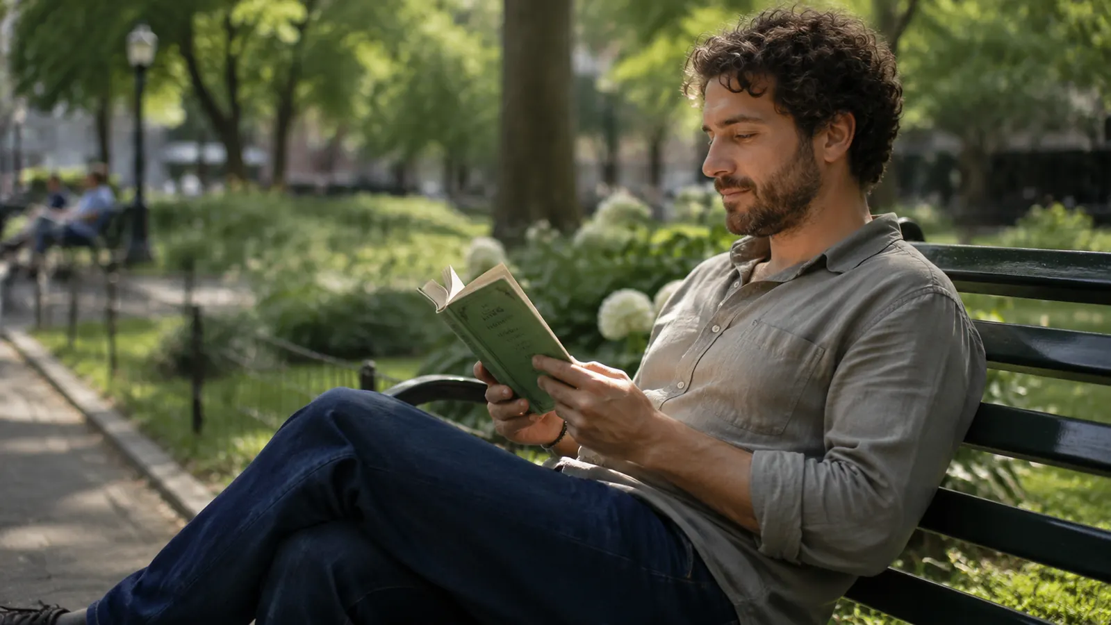 Person outdoors on a park bench reading The Little Book of Common Sense Investing, looking relaxed