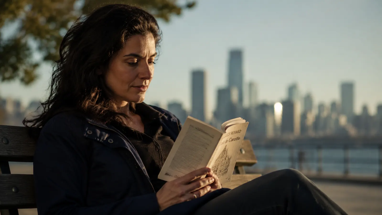 A person sitting at a park bench reading a small book with a city skyline in the background, looking relaxed and thoughtful