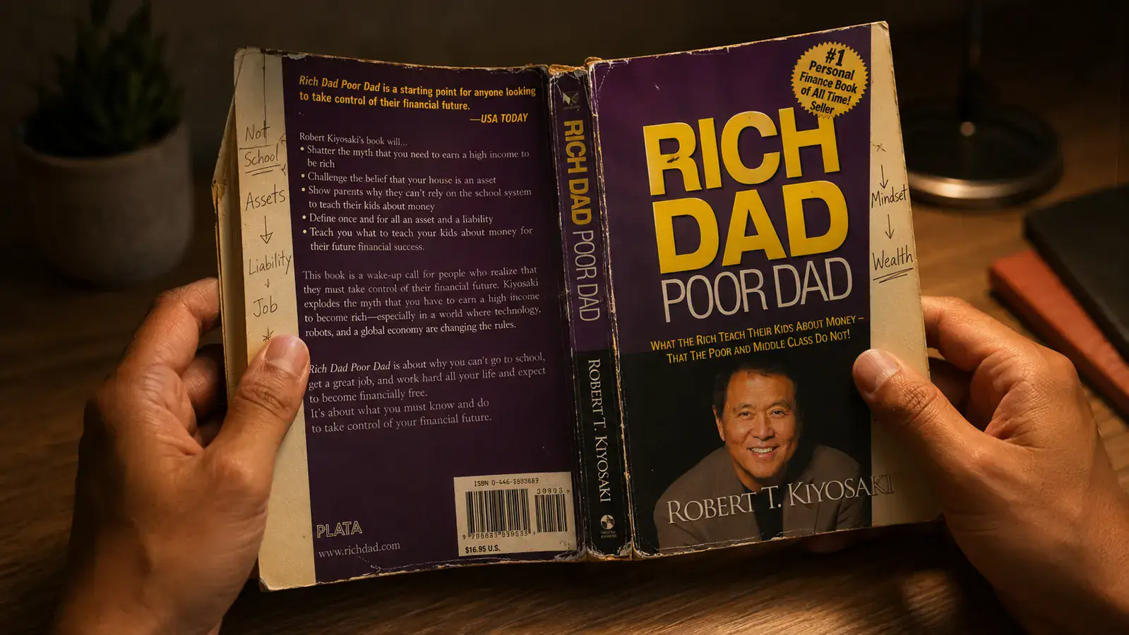 Rich Dad Poor Dad book open to a page showing notes in the margins, held in someone's hands