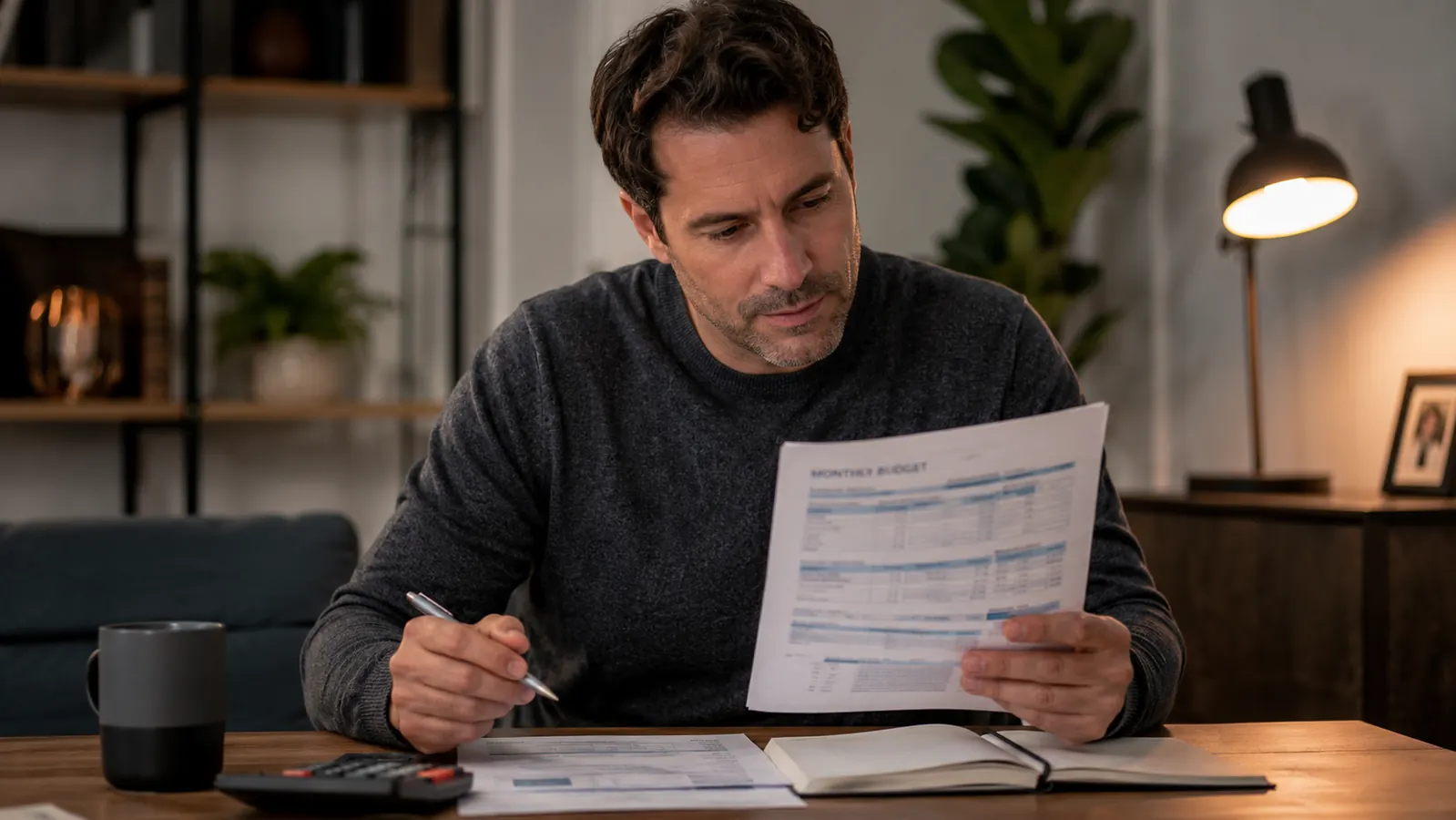 Person reviewing a monthly budget worksheet at a desk with a calculator and notebook nearby