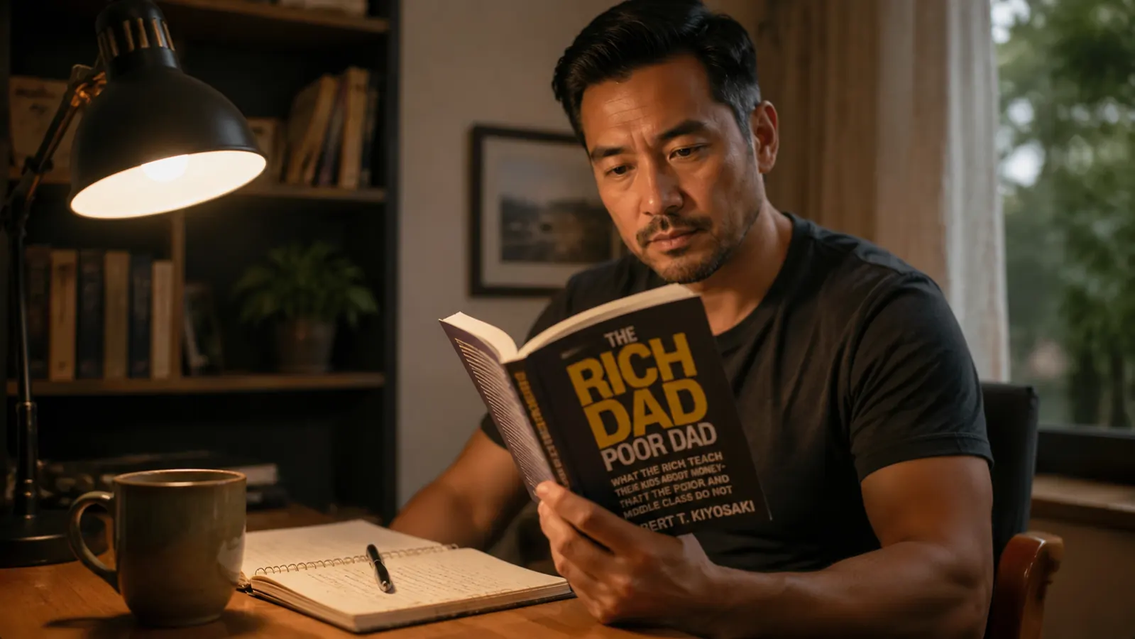Person reading Rich Dad Poor Dad at a desk with a notebook open beside it