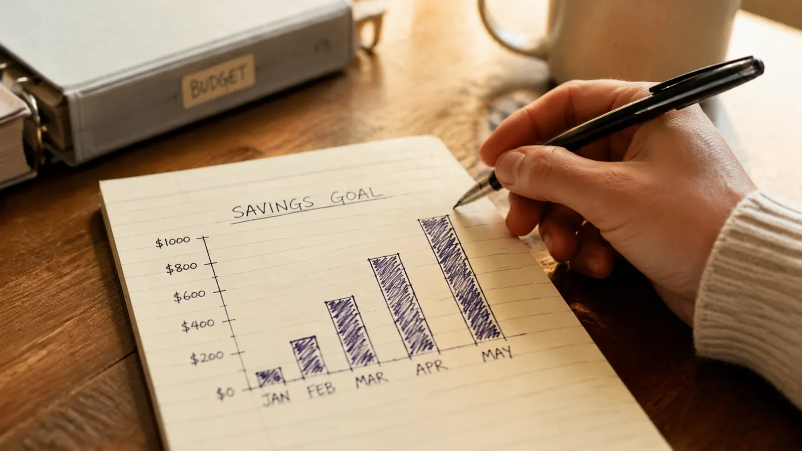 A simple hand-drawn savings chart on a notepad next to the budget binder showing monthly progress toward $1,000