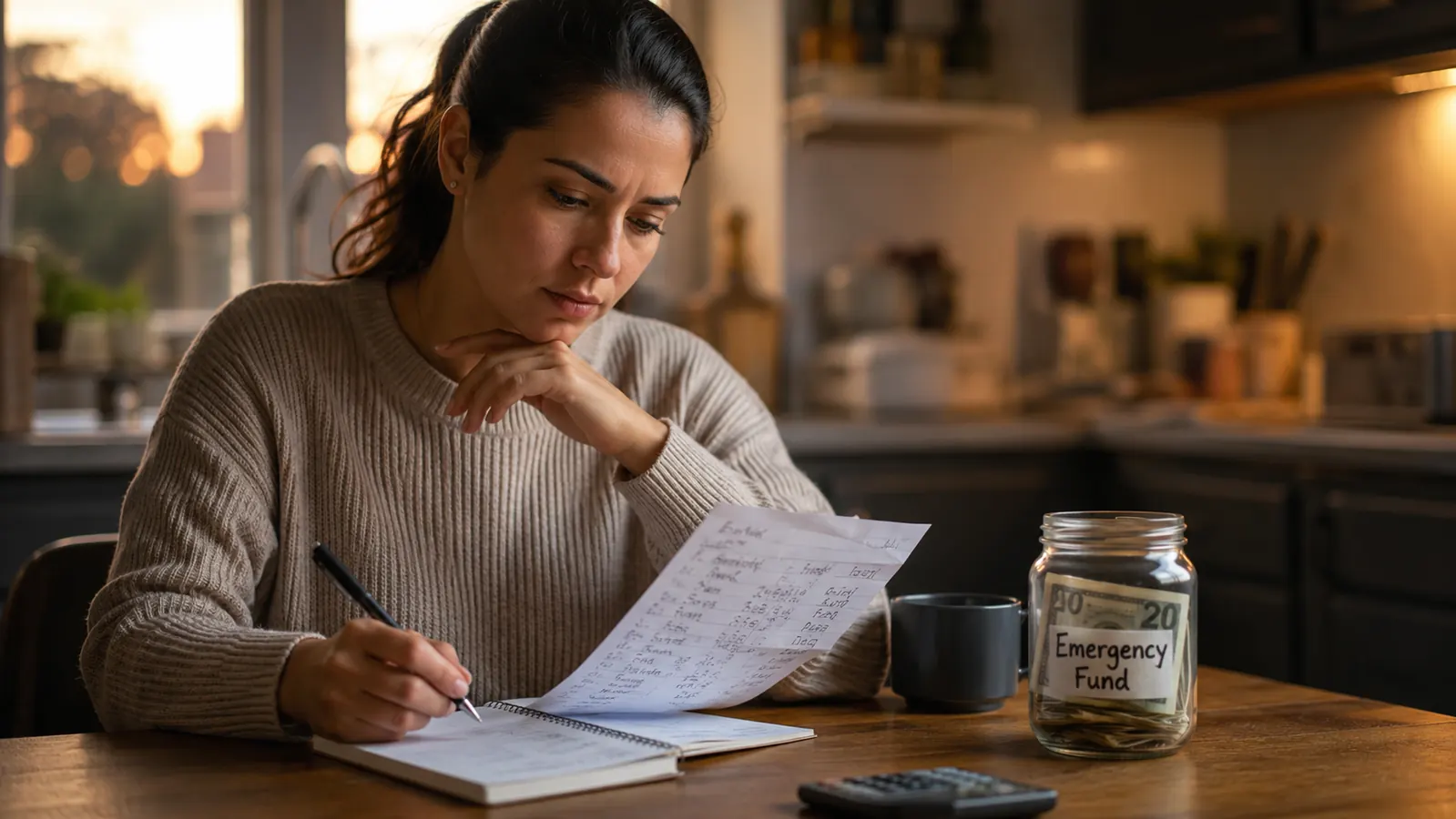 Person reviewing a completed monthly budget worksheet at a kitchen table with a small savings jar in the background