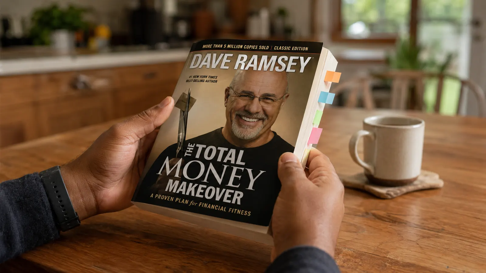 Person flipping through a personal finance book with sticky note tabs on multiple pages