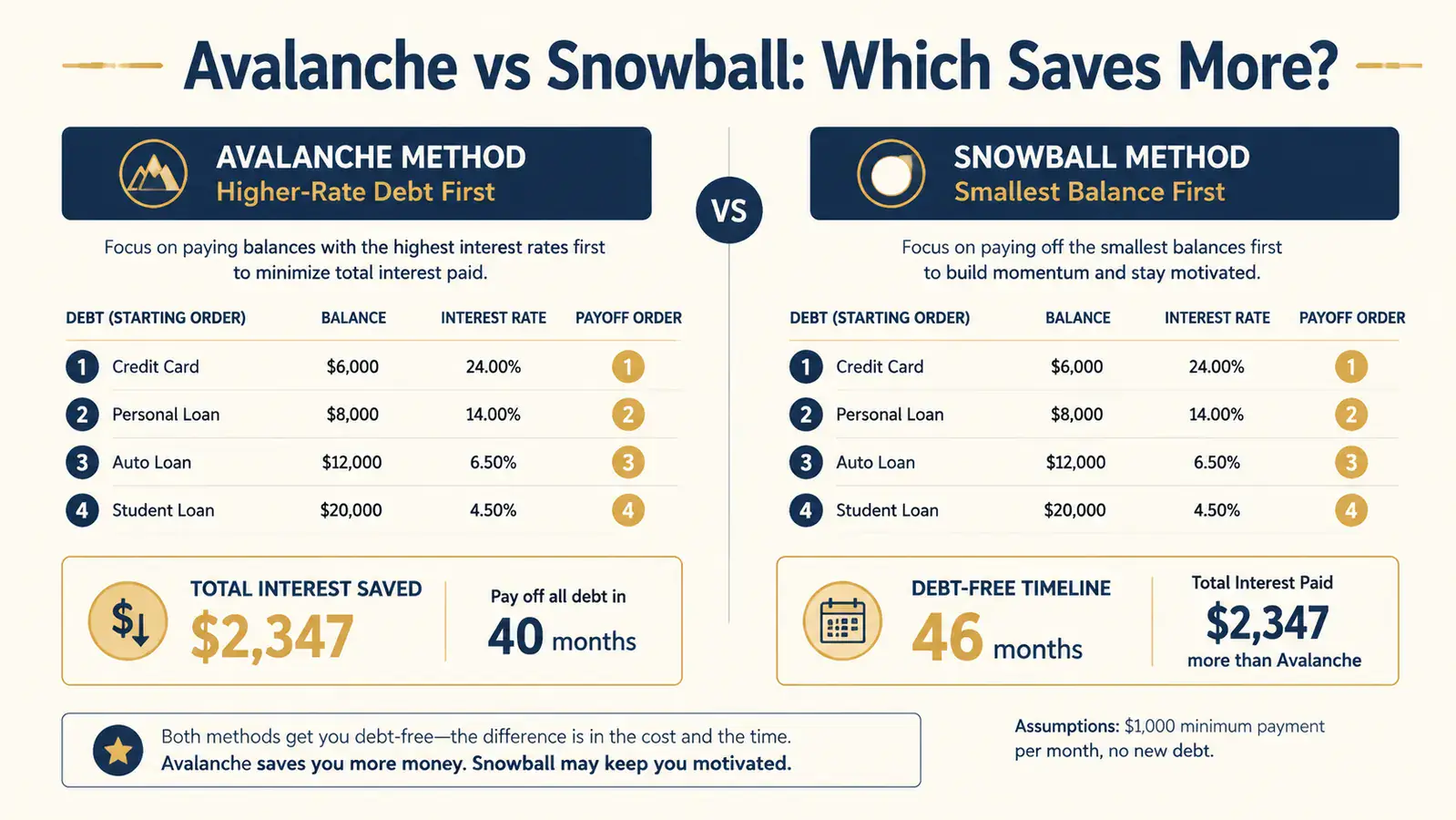 Illustration of two debt payoff paths, the avalanche versus the snowball, shown as a simple side-by-side comparison chart