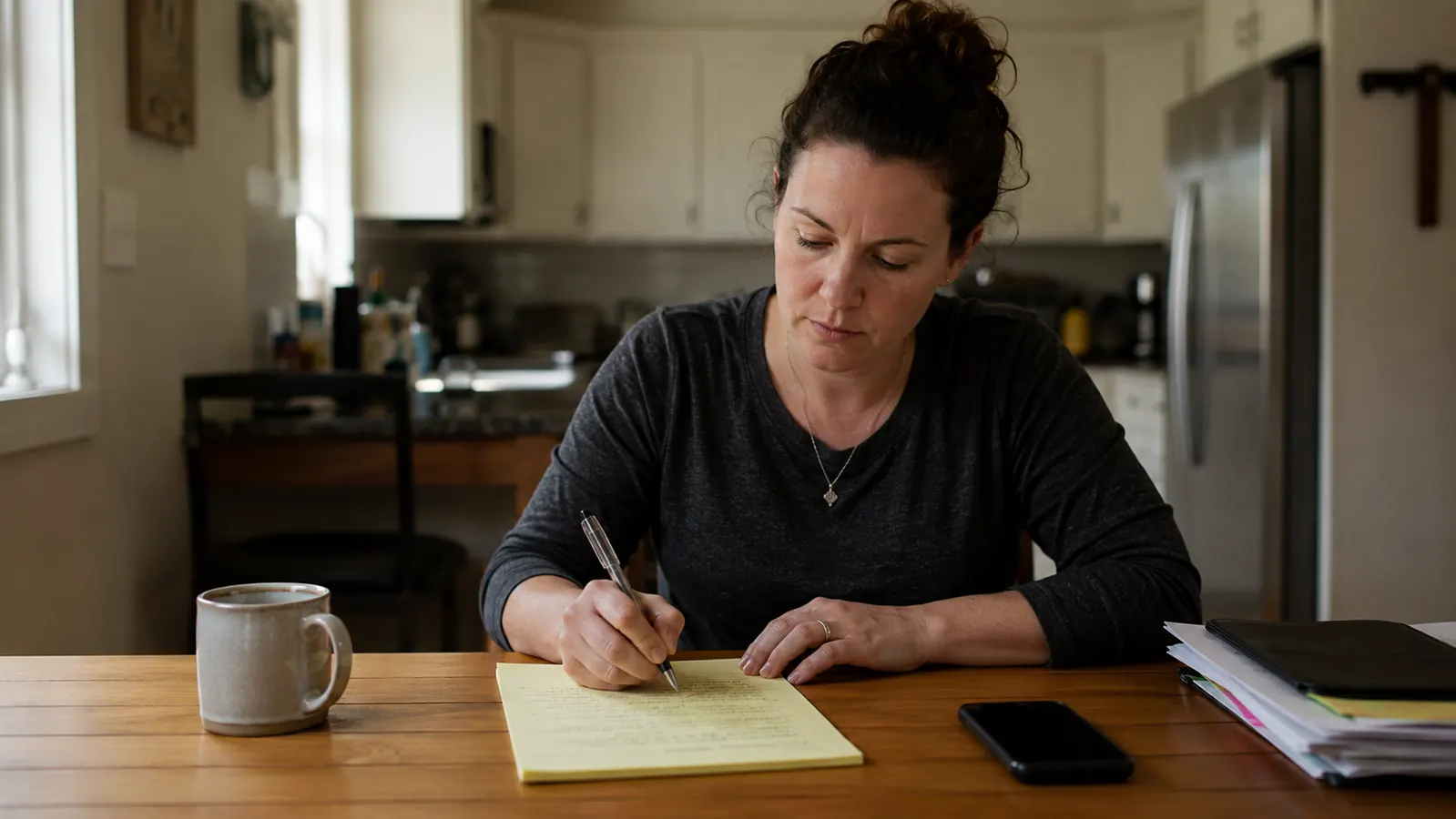 A woman sitting at a kitchen table reviewing a handwritten list of debts with a determined expression