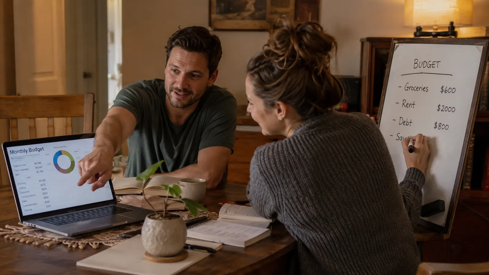 Couple reviewing finances on a laptop together with a whiteboard showing monthly budget categories in the background