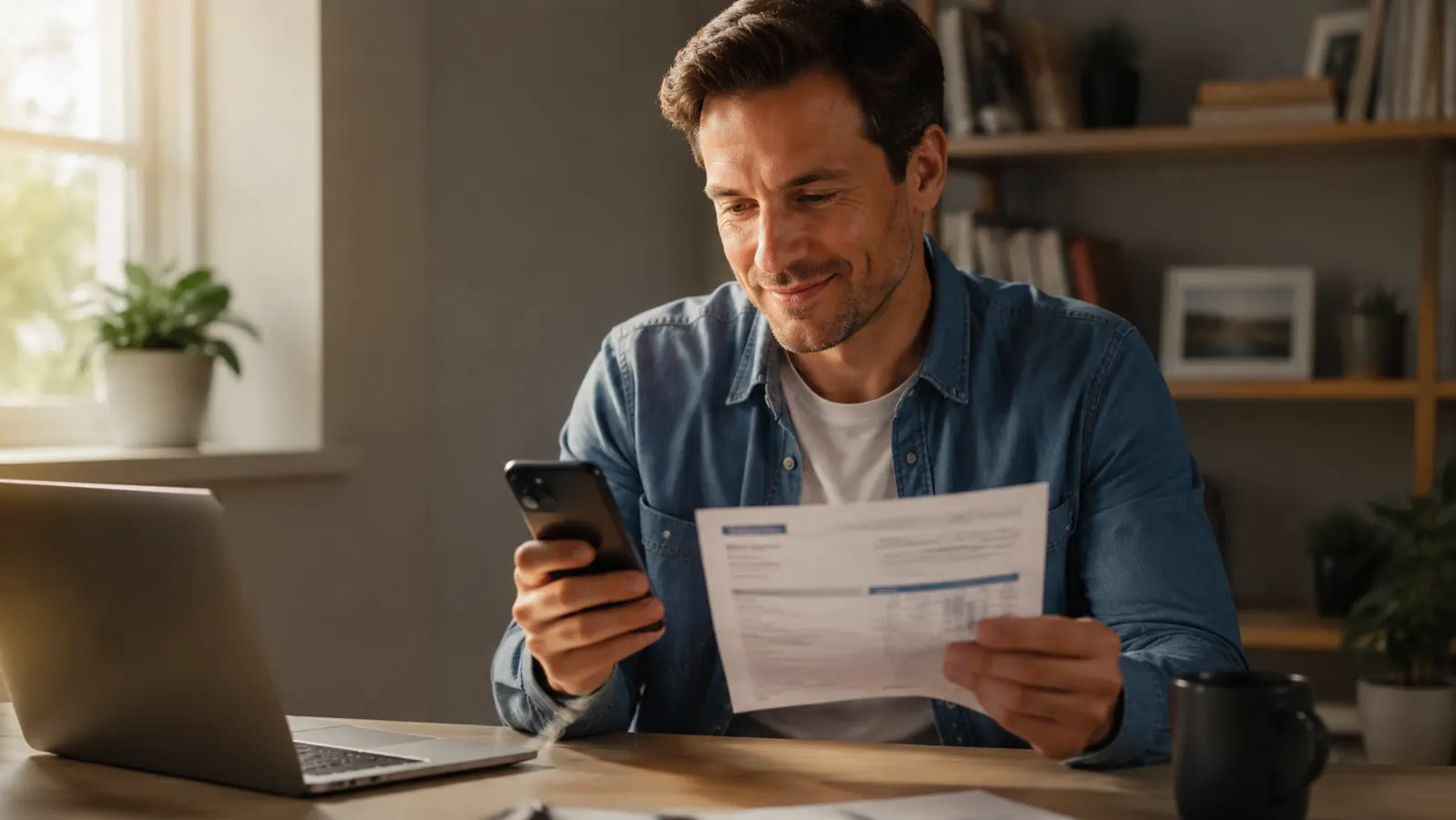 Person smiling while reviewing a bank statement at a tidy home desk with a plant nearby